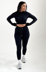 Black Ribbed Long Sleeve Quarter Zip Top And Drawstring Leggings Set - Rosetta