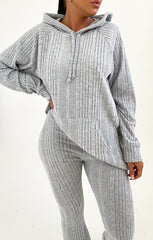 Grey Ribbed Knitted Front Pocket Pullover Hoodie Flared Leg Loungewear Set - Ivy