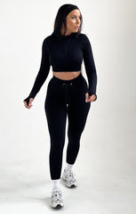 Black Ribbed Long Sleeve Quarter Zip Top And Drawstring Leggings Set - Rosetta