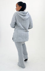 Grey Ribbed Knitted Front Pocket Pullover Hoodie Flared Leg Loungewear Set - Ivy