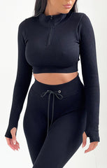 Black Ribbed Long Sleeve Quarter Zip Top And Drawstring Leggings Set - Rosetta