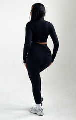 Black Ribbed Long Sleeve Quarter Zip Top And Drawstring Leggings Set - Rosetta