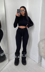 Black Ribbed Long Sleeve Quarter Zip Top And Drawstring Leggings Set - Rosetta