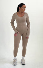 Stone Ribbed Long Sleeve Fitted Jumpsuit - Amara