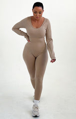 Stone Ribbed Long Sleeve Fitted Jumpsuit - Amara