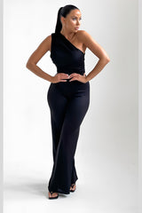 Black One Shoulder Ruched Straight Leg Jumpsuit - Kay