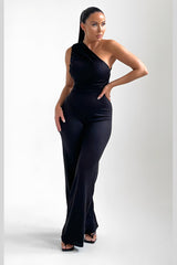 Black One Shoulder Ruched Straight Leg Jumpsuit - Kay