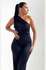 Black One Shoulder Ruched Straight Leg Jumpsuit - Kay