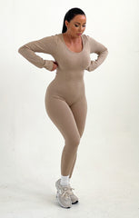 Stone Ribbed Long Sleeve Fitted Jumpsuit - Amara