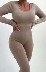 Stone Ribbed Long Sleeve Fitted Jumpsuit - Amara