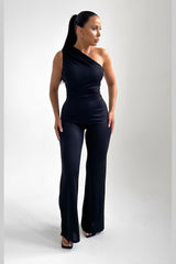 Black One Shoulder Ruched Straight Leg Jumpsuit - Kay