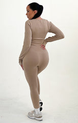 Stone Ribbed Long Sleeve Fitted Jumpsuit - Amara