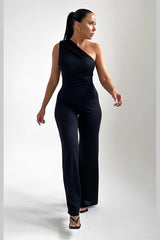 Black One Shoulder Ruched Straight Leg Jumpsuit - Kay
