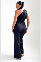 Black One Shoulder Ruched Straight Leg Jumpsuit - Kay