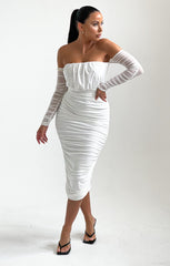 White Slinky Off The Shoulder Ruched Long Sleeve Midi Dress - Mae