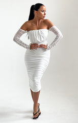 White Slinky Off The Shoulder Ruched Long Sleeve Midi Dress - Mae