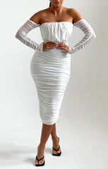White Slinky Off The Shoulder Ruched Long Sleeve Midi Dress - Mae