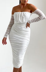 White Slinky Off The Shoulder Ruched Long Sleeve Midi Dress - Mae