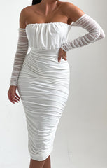 White Slinky Off The Shoulder Ruched Long Sleeve Midi Dress - Mae