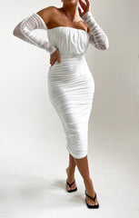 White Slinky Off The Shoulder Ruched Long Sleeve Midi Dress - Mae