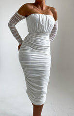 White Slinky Off The Shoulder Ruched Long Sleeve Midi Dress - Mae