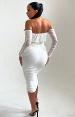 White Slinky Off The Shoulder Ruched Long Sleeve Midi Dress - Mae