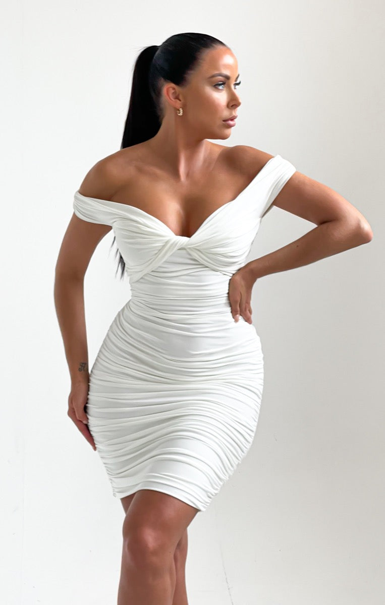 Cream Off The Shoulder Front Knot Ruched Mini Dress
