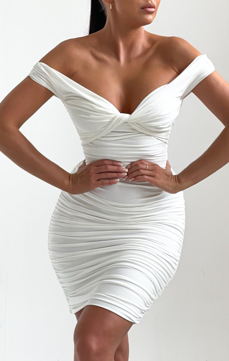 Cream Off The Shoulder Front Knot Ruched Mini Dress