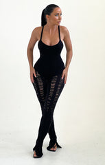 Black Strappy Distressed Knitted Side Split Jumpsuit - Etta