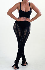 Black Strappy Distressed Knitted Side Split Jumpsuit - Etta