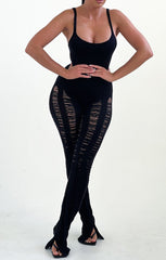 Black Strappy Distressed Knitted Side Split Jumpsuit - Etta