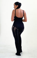 Black Strappy Distressed Knitted Side Split Jumpsuit - Etta