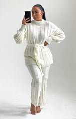 Cream High Neck Belted Knit Loungewear Set - Alliyah