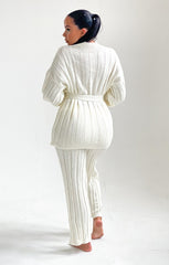 Cream High Neck Belted Knit Loungewear Set - Alliyah