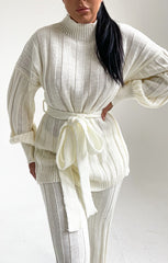 Cream High Neck Belted Knit Loungewear Set - Alliyah