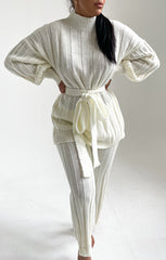 Cream High Neck Belted Knit Loungewear Set - Alliyah