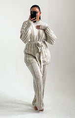 Stone High Neck Belted Knit Loungewear Set - Alliyah