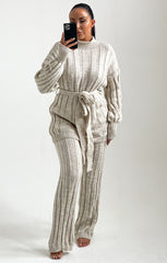 Stone High Neck Belted Knit Loungewear Set - Alliyah