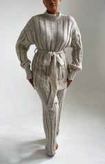 Stone High Neck Belted Knit Loungewear Set - Alliyah