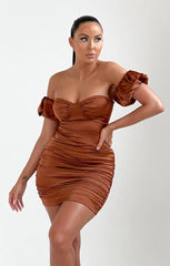 Chocolate Satin Bardot Puff Sleeve Bodycon Mini Dress - Esme