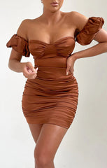 Chocolate Satin Bardot Puff Sleeve Bodycon Mini Dress - Esme