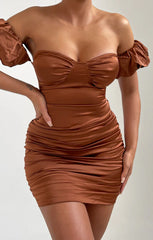 Chocolate Satin Bardot Puff Sleeve Bodycon Mini Dress - Esme