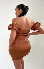 Chocolate Satin Bardot Puff Sleeve Bodycon Mini Dress - Esme