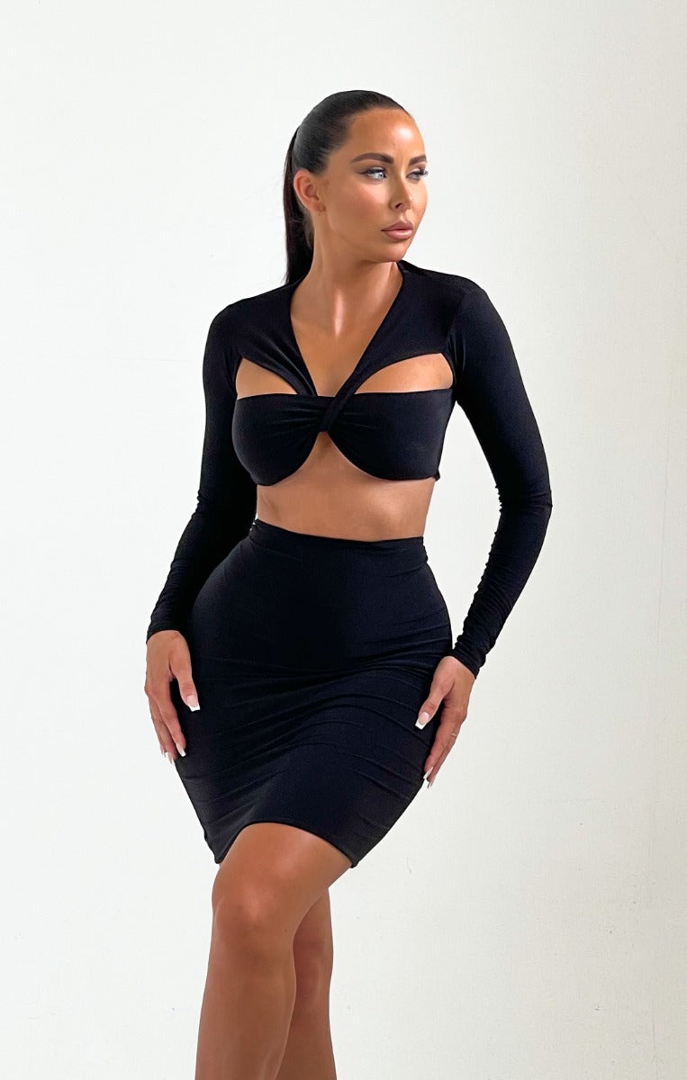 Black Long Sleeve Crop Top And Leggings Two Piece Set - Bella