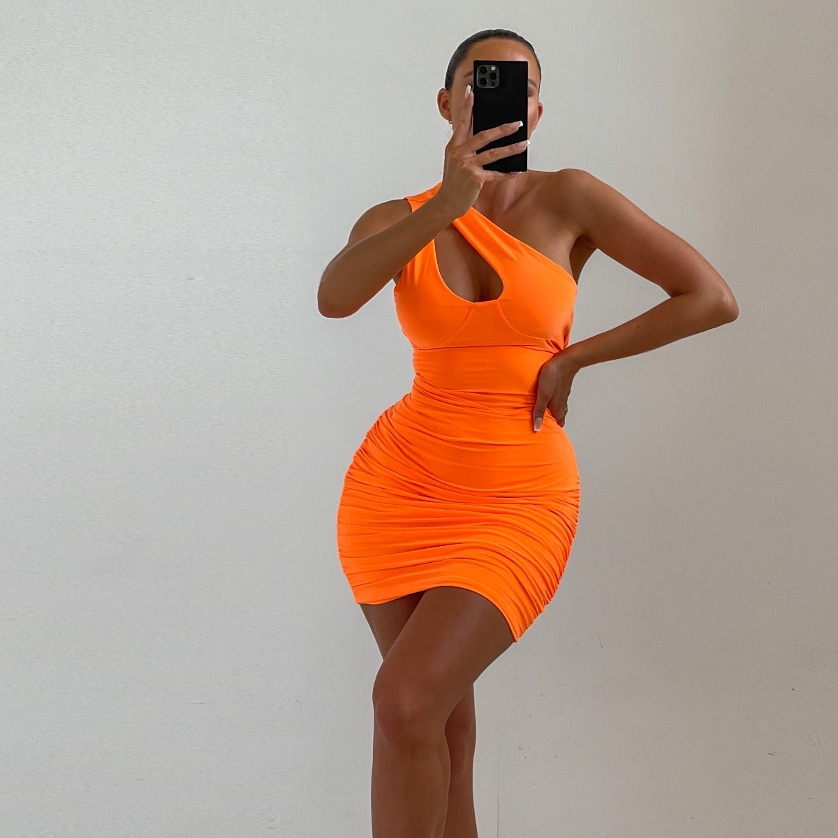 Neon Orange Asymmetric Strap Cut Out Mini Dress