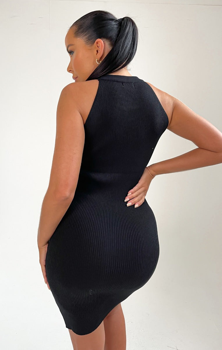 Black Ribbed Diamante High Neck Bodycon Dress