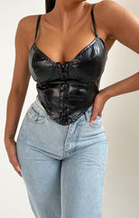 Black Strappy Lace Up PU Faux Leather Top - Amari
