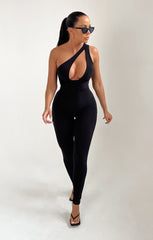 Black Slinky One Shoulder Plunge Cut Out Sleeveless Bodycon Jumpsuit - Neva