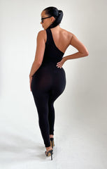 Black Slinky One Shoulder Plunge Cut Out Sleeveless Bodycon Jumpsuit - Neva