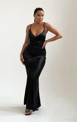 Black Strappy Cross Over Satin Maxi Dress - Fanny